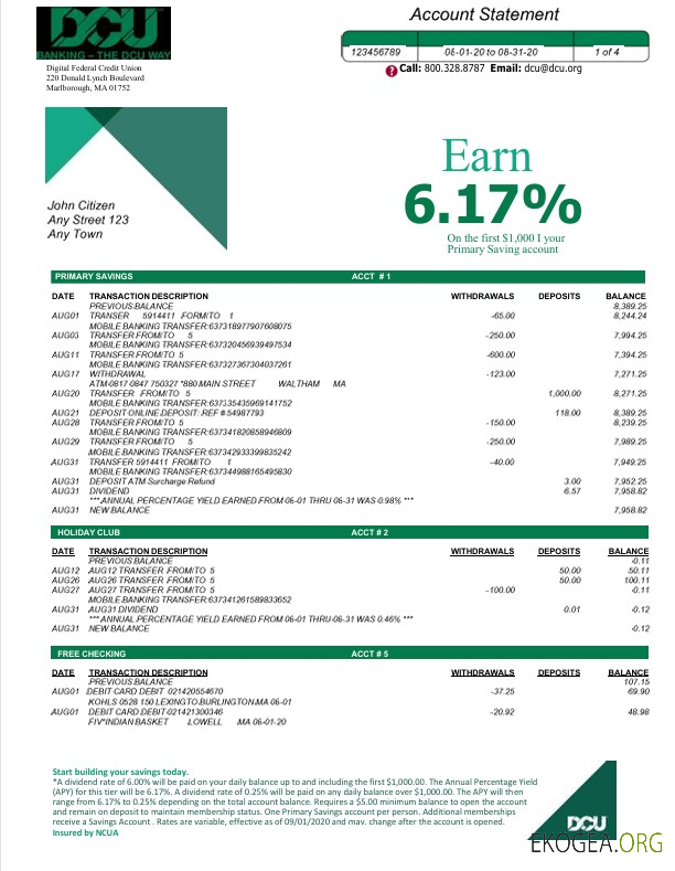 Modèle Word et PDF de relevé bancaire USA DCU, 5 pages